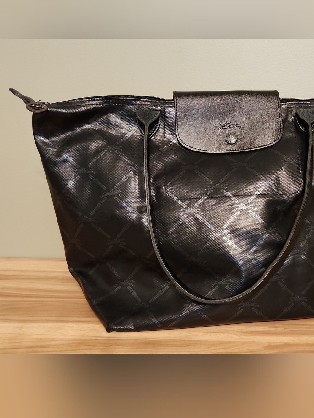 Longchamp Black Tote with Subtle Monogram Pattern
